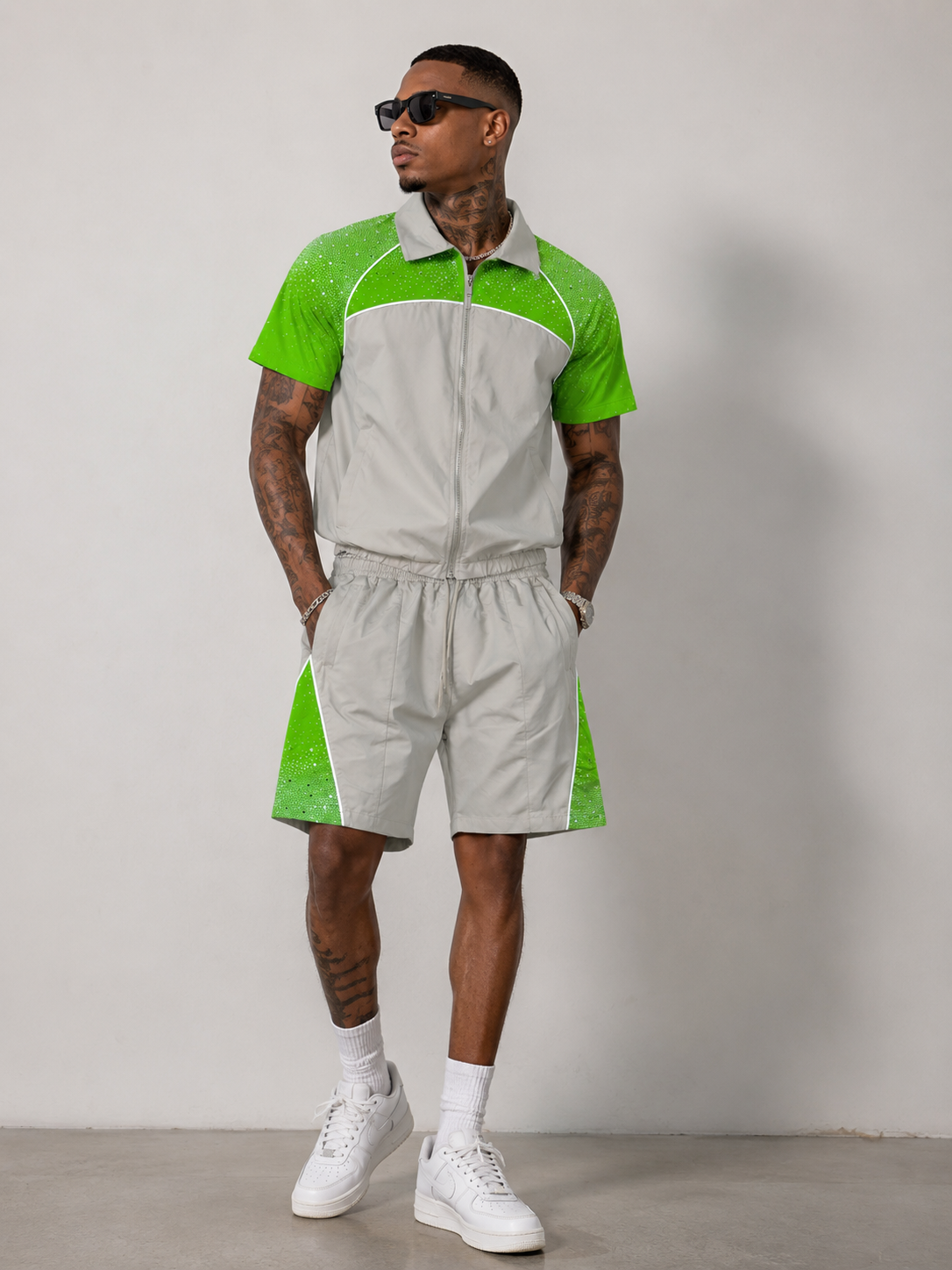 Nylon Zip Rhinestone Shirt & Shorts Set