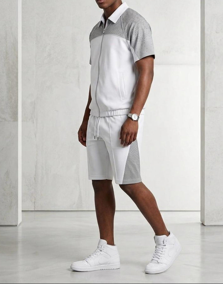 Nylon Zip Rhinestone Shirt & Shorts Set - White/Grey