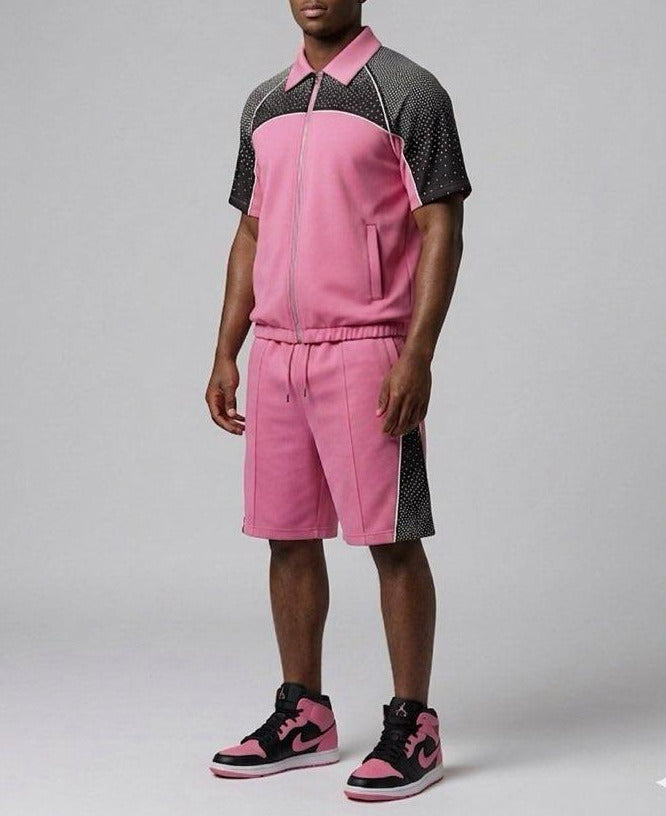 Nylon Zip Rhinestone Shirt & Shorts Set - Pink/Black