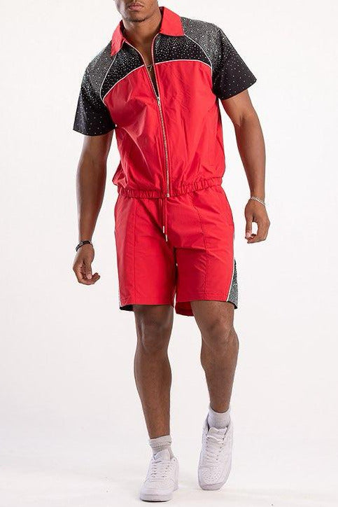 Nylon Zip Rhinestone Shirt & Shorts Set - Red/Black