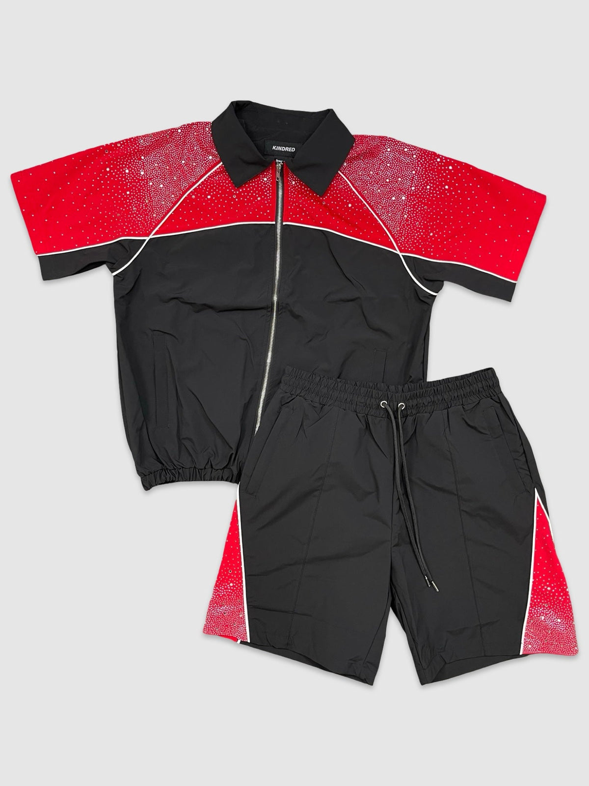 Nylon Zip Rhinestone Shirt & Shorts Set - Black/Red