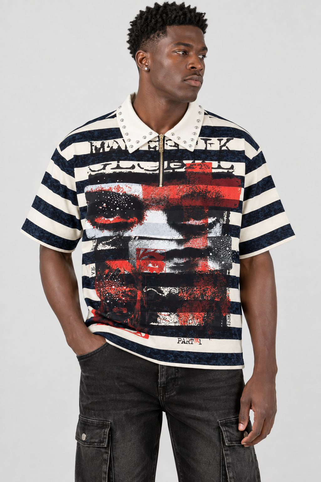 Print Studs Stripe Polo Shirt