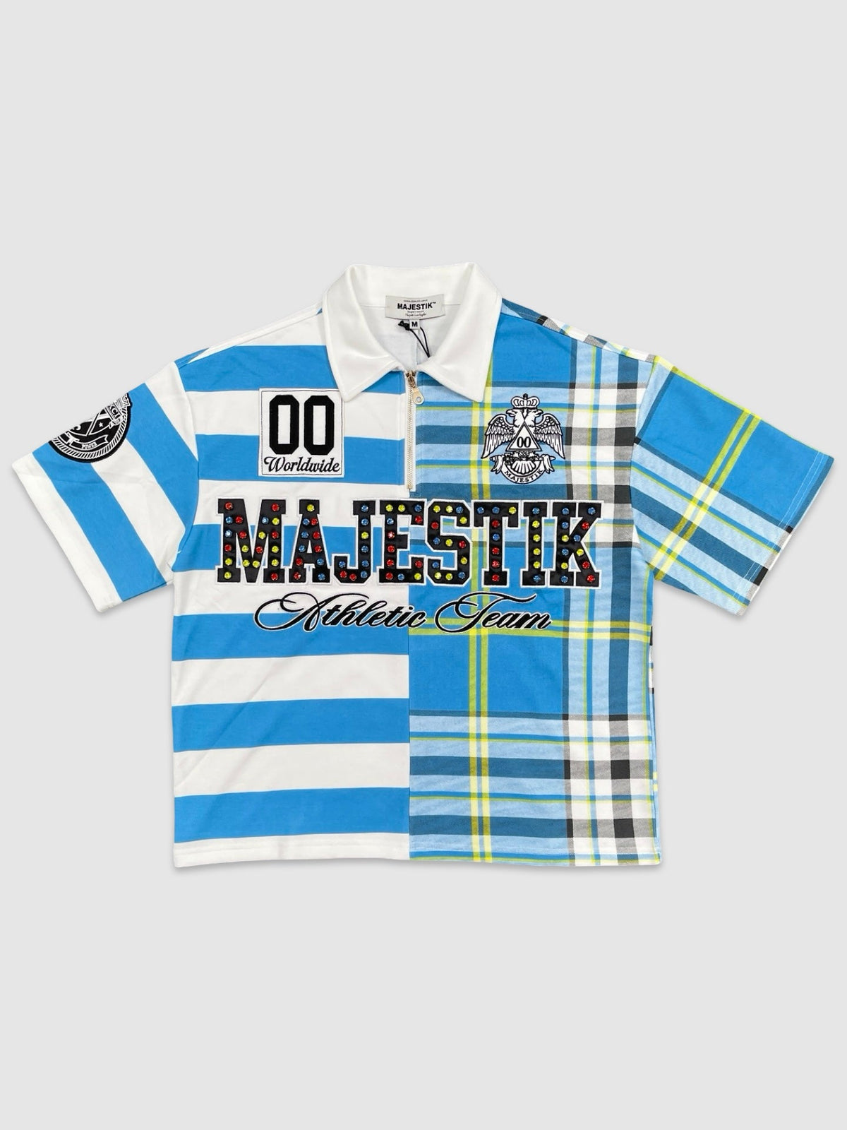 Plaid Patch Stud Polo Shirt - Blue