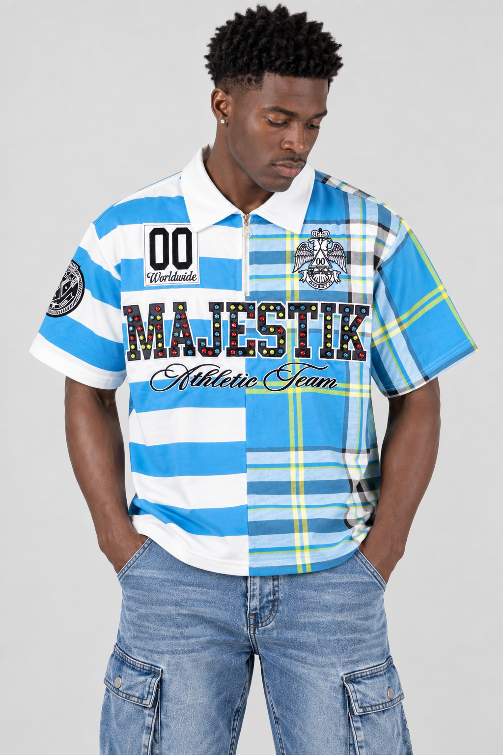 Plaid Patch Stud Polo Shirt