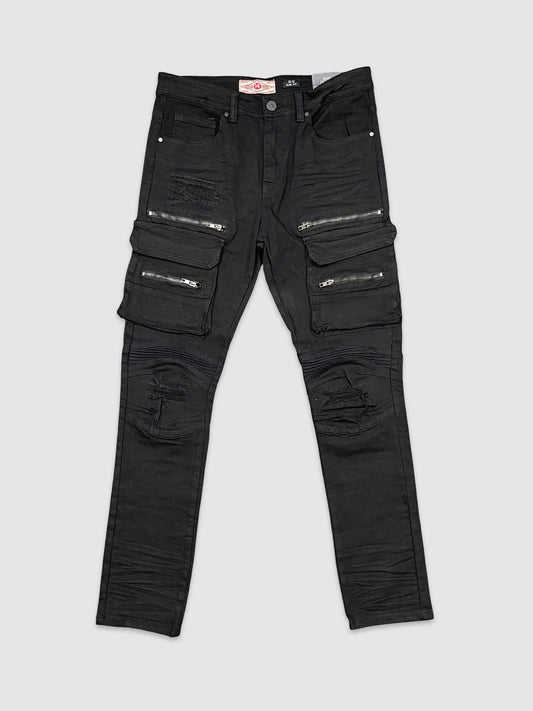Premium Slim Fit Washed Cargo Pants - Jet Black