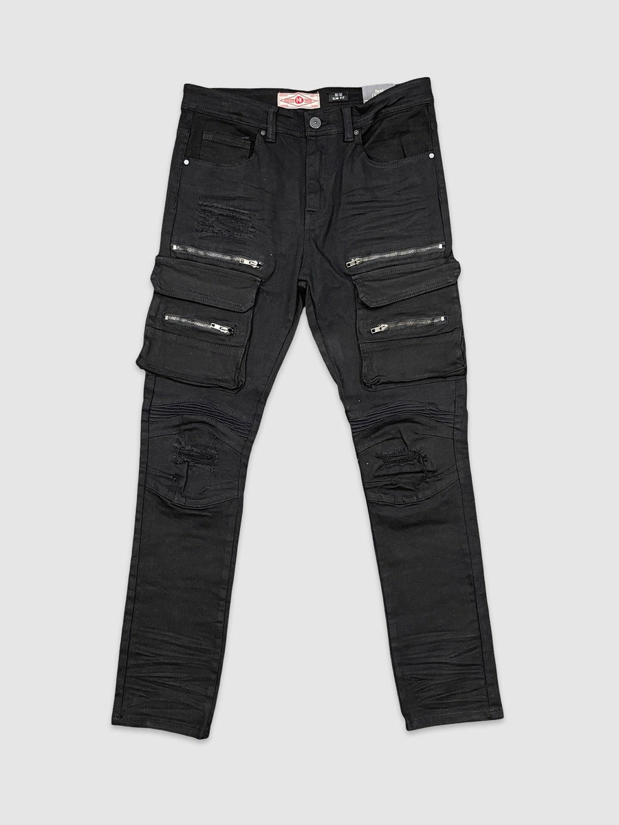Premium Slim Fit Washed Cargo Pants - Jet Black