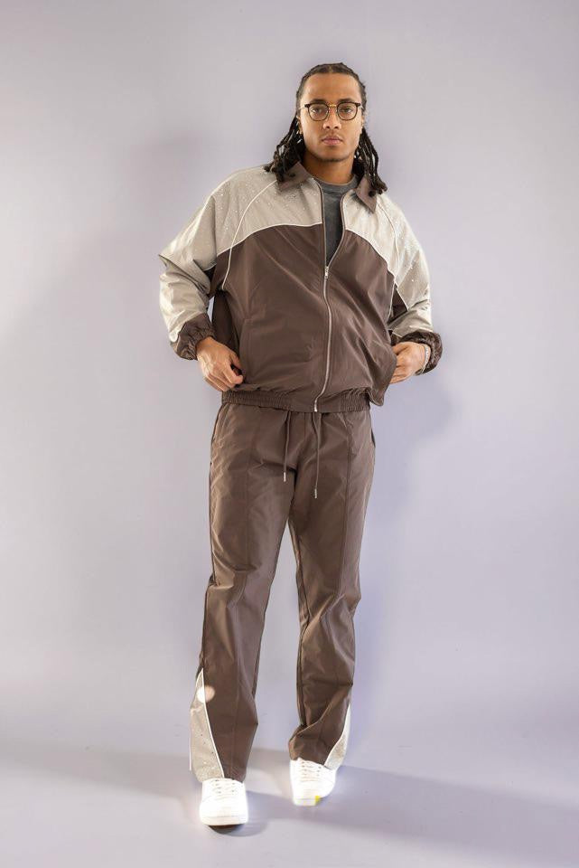 Nylon Zip Rhinestone Shirt & Pants Set - Brown/Khaki