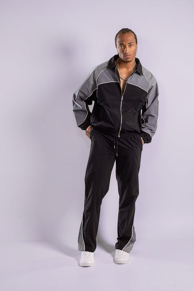 Nylon Zip Rhinestone Shirt & Pants Set - Black/Grey