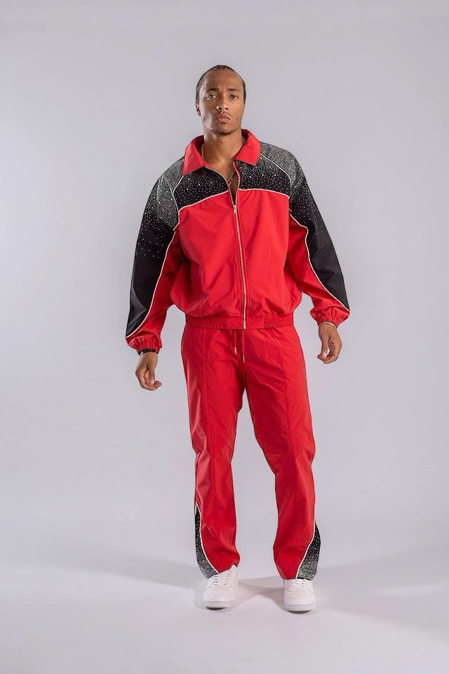 Nylon Zip Rhinestone Shirt & Pants Set - Red/Black