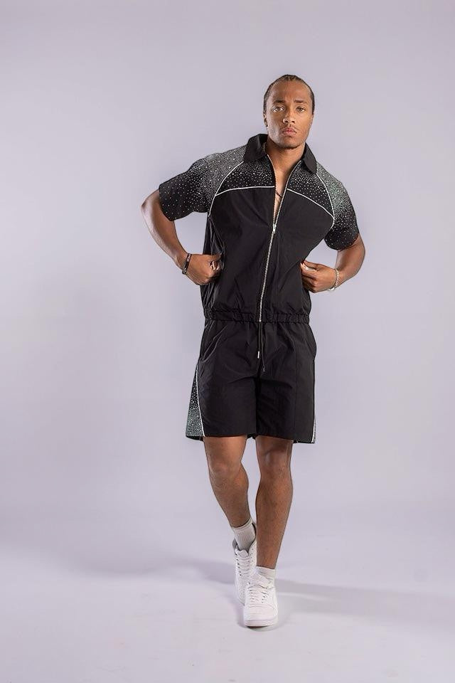 Nylon Zip Rhinestone Shirt & Shorts Set - Black/Black