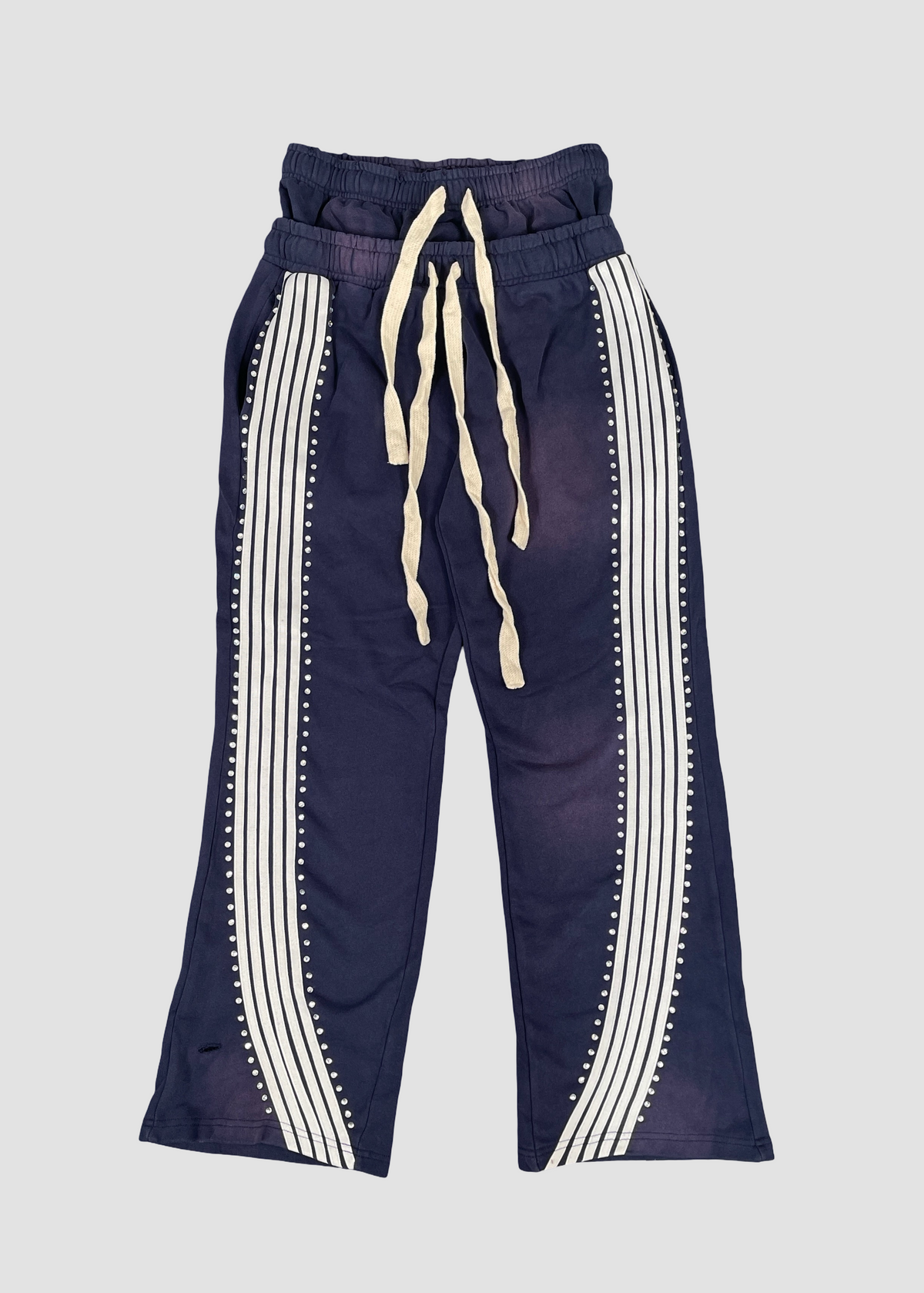 Double Waist Stripe Fleece Pants - Navy