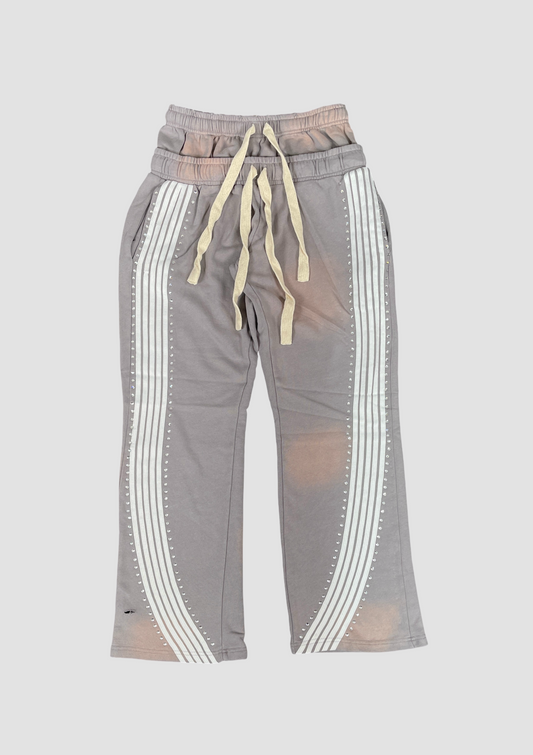 Double Waist Stripe Fleece Pants - Grey