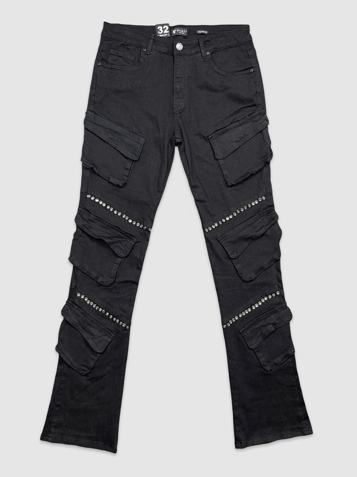 Studded Stacked Cargo Jeans - Jet Black