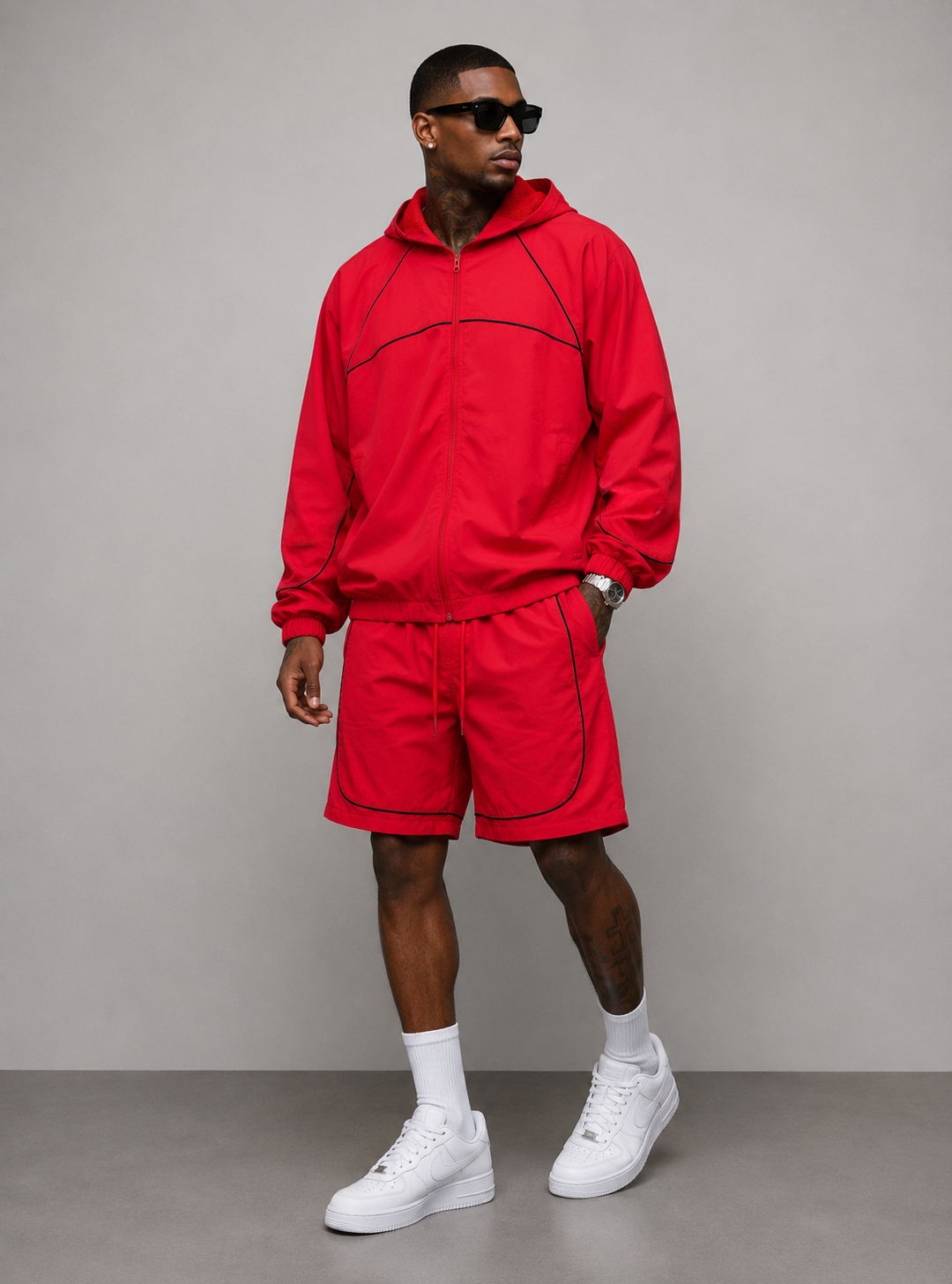 Piping Windbreaker Shorts Set
