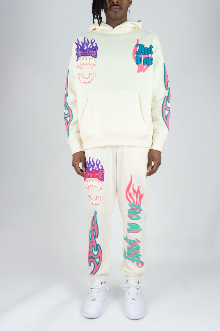 Trust No One Fleece Hoodie Set - Cream