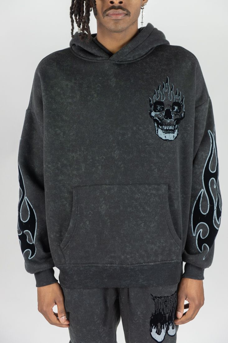 Flame Skull Acid Washed Hoodie Set - Black