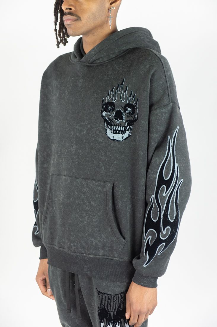 Flame Skull Acid Washed Hoodie Set