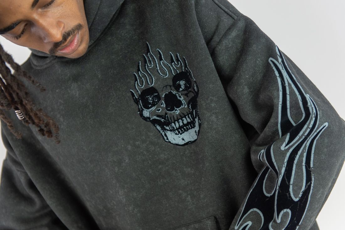 Flame Skull Acid Washed Hoodie Set