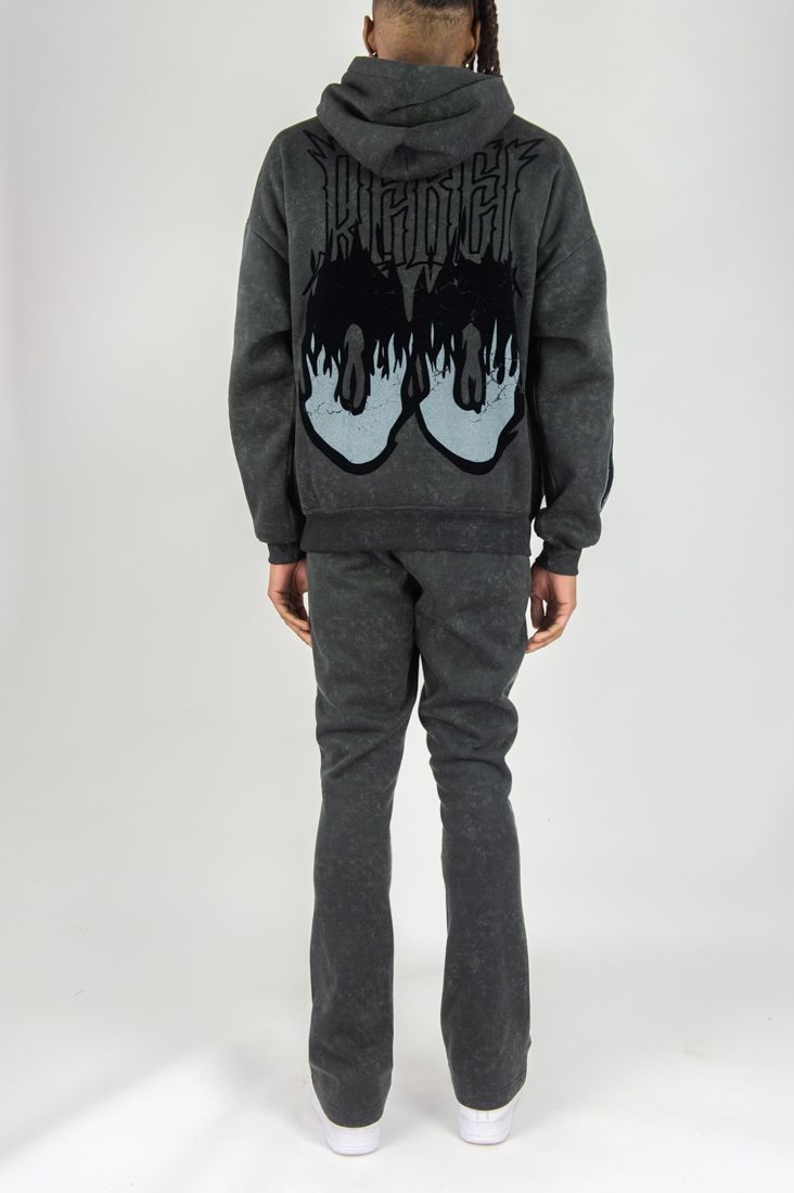 Flame Skull Acid Washed Hoodie Set