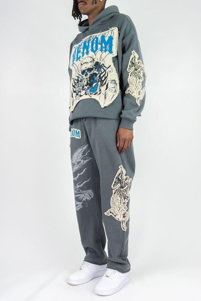 Venom Tapestry Crop Hoodie Set - Charcoal