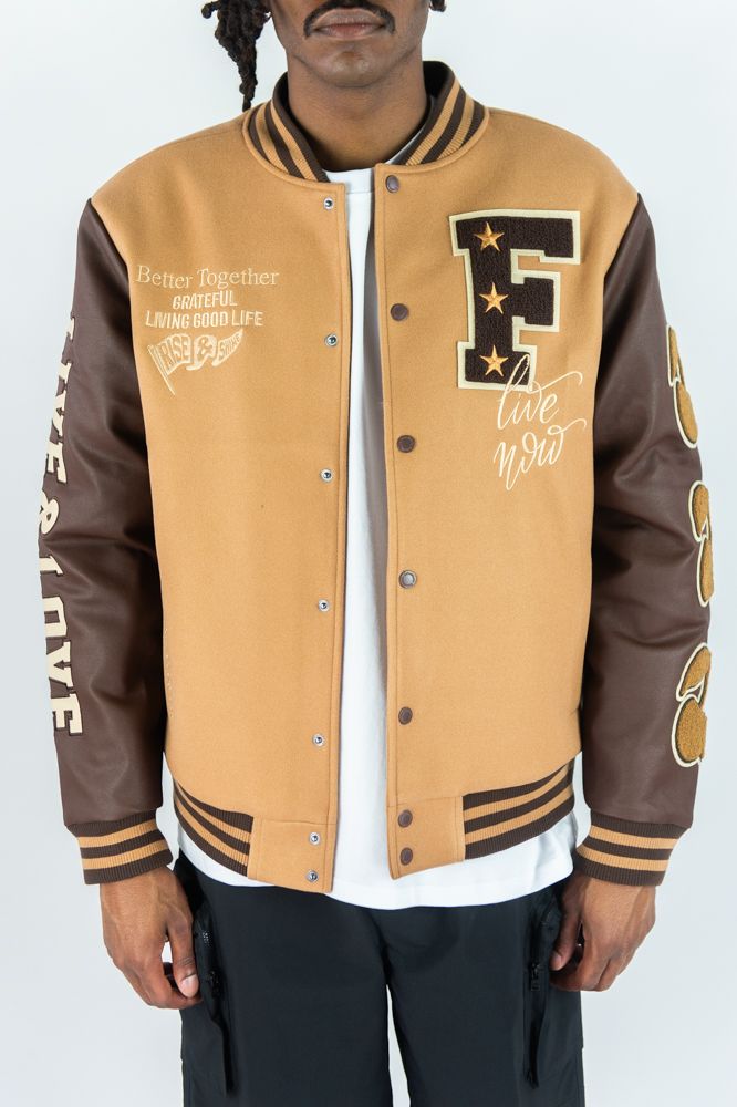 Live And Love Melton Varsity Jacket - Caramel