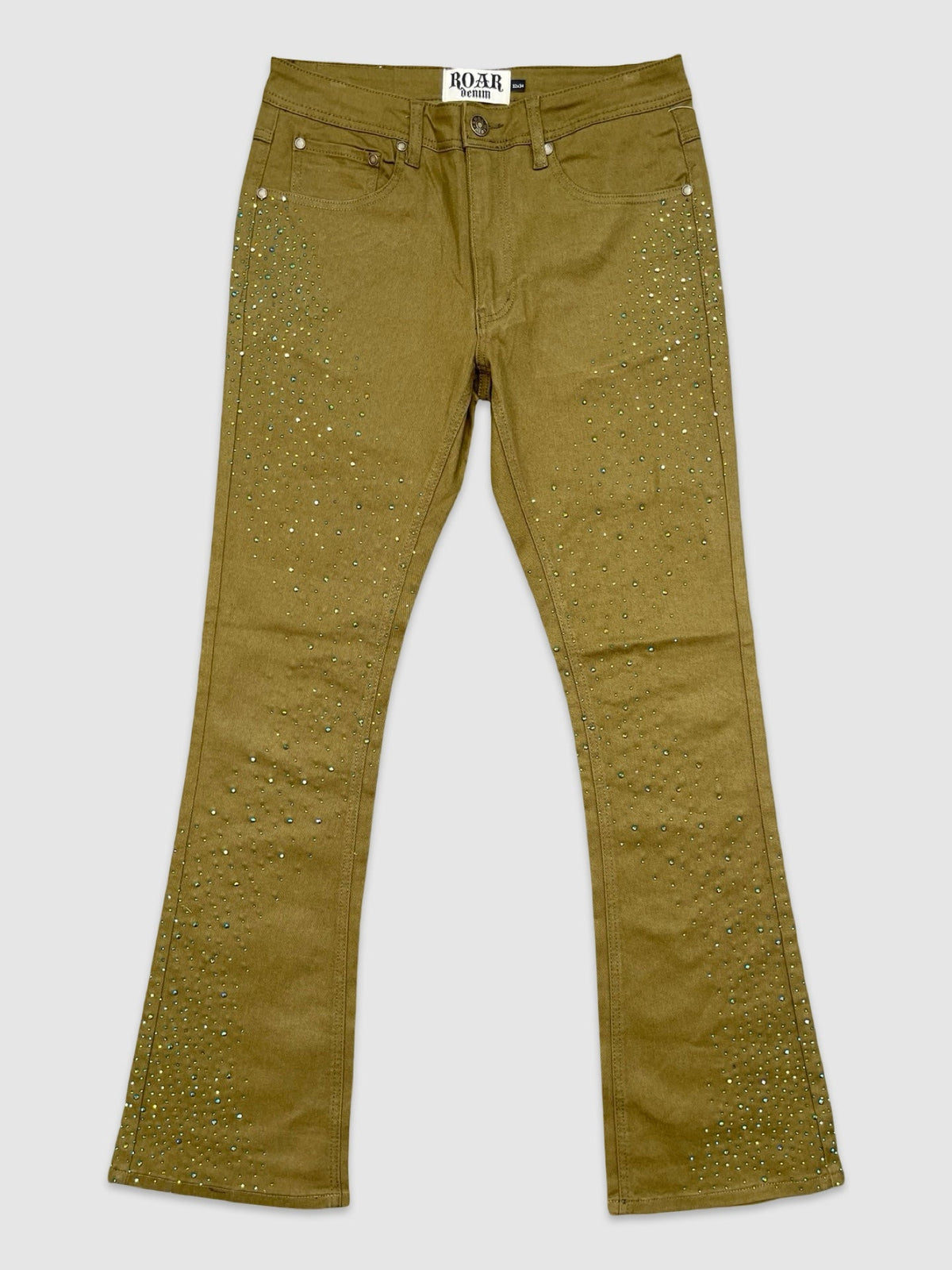 Rhinestone Stacked Twill Pants - Olive