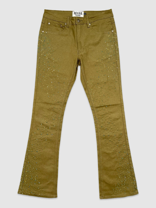 Rhinestone Stacked Twill Pants - Olive
