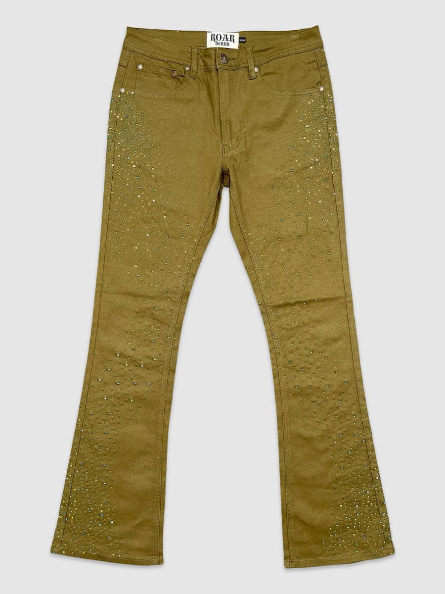 Rhinestone Stacked Twill Pants - Olive